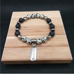 Dalmatian Jasper Beaded Bracelet Handmade Black Lava Stones Tibetan Silver Charm